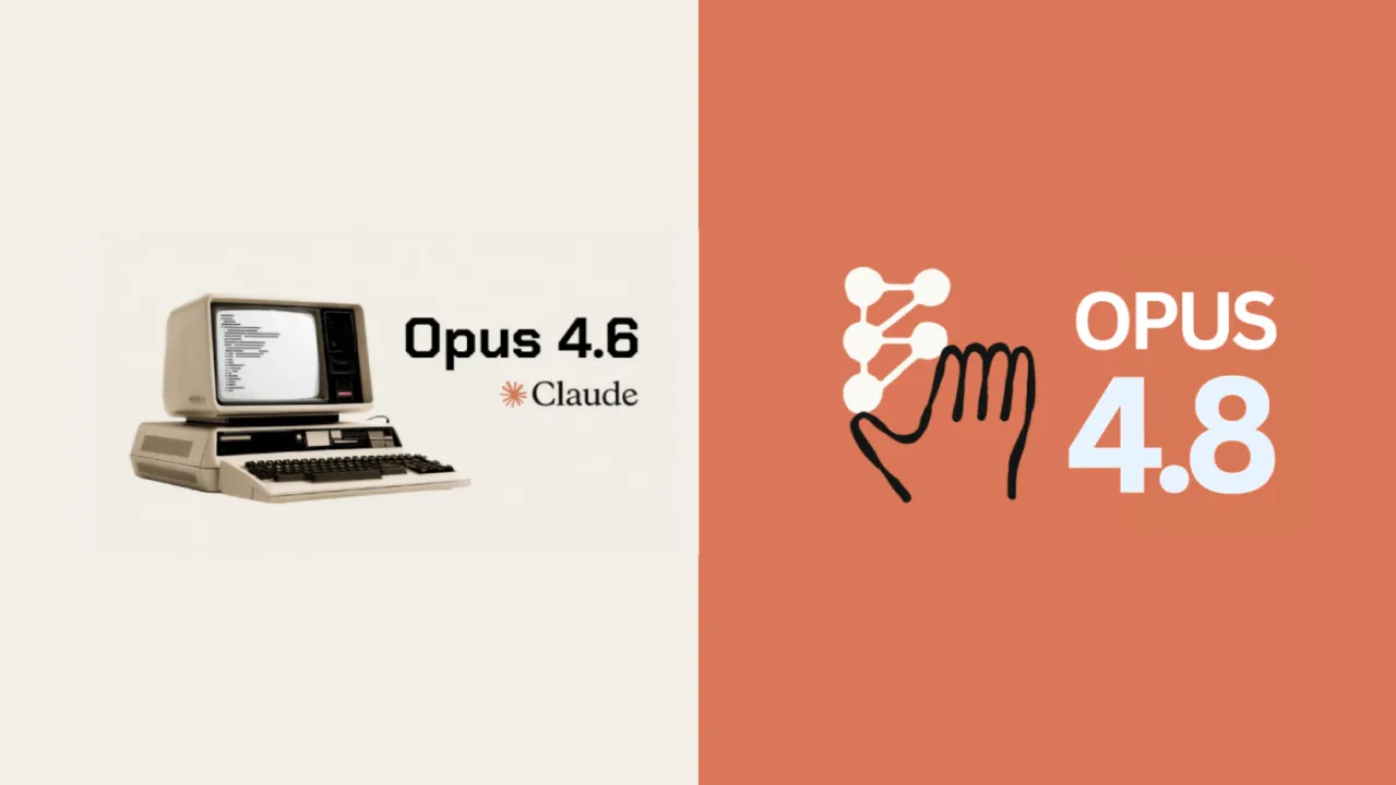 Opus 4.6 as a beige desktop computer, Opus 4.8 as a gesture mark